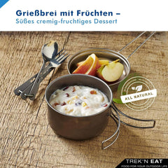Budincă de griș cu fructe Trek'n Eat – Desert cremos de griș cu fructe pentru activități în aer liber, drumeții și provizii de urgență | Budincă de griș gata preparată cu apă, termen lung de valabilitate, fără aditivi