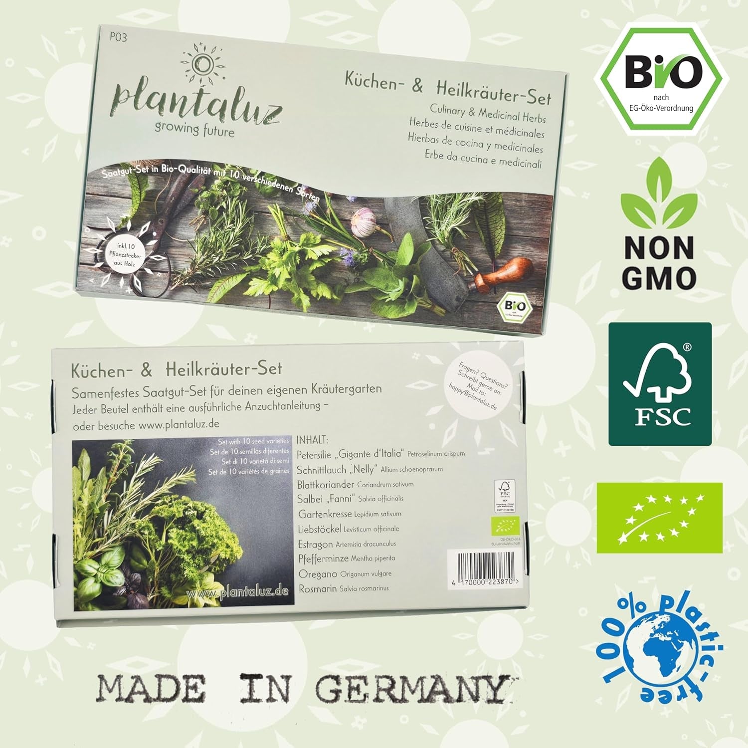 Set de semințe premium organice Plantaluz P03 – Set de semințe pentru plante culinare și medicinale pentru grădină, balcon și interior – incl. bețe de plantare FSC – Semințe organice polenizate liber, netratate și fără OMG-uri