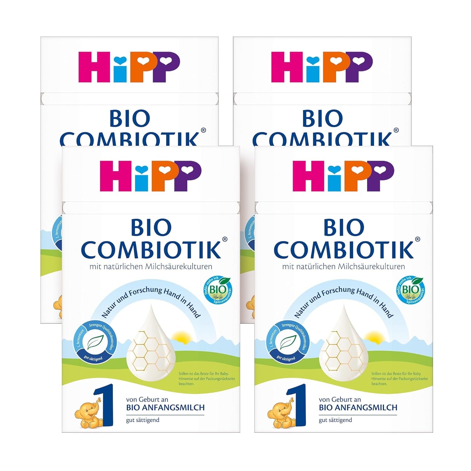 HiPP 1 Organic Combiotik (4 x 600g), formulă de lapte praf pentru sugari de la naștere, cu culturi naturale de acid lactic și amidon organic ușor de tratat, de cea mai bună calitate organică