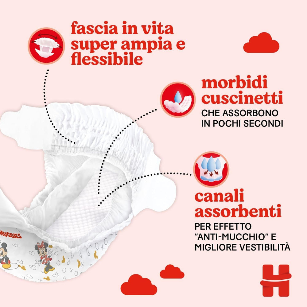 Scutece Huggies Ultra Comfort/Little Movers, mărimea 3 (4-9 kg), design Disney, absorbante, protecție integrală, 126 bucăți