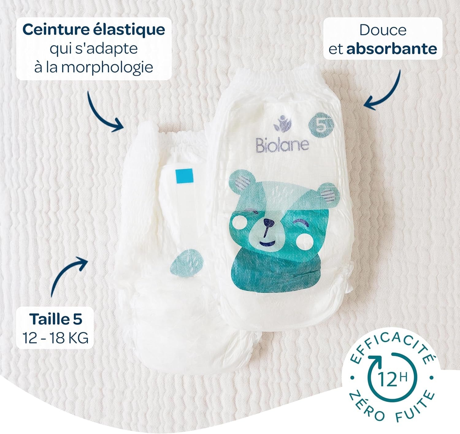 BIOLANE - Scutece scurte – Mărimea 5 (12-18 kg) – Etanșeitate 12 ore – Pachet pentru 1 lună – 120 scutece – ecologice