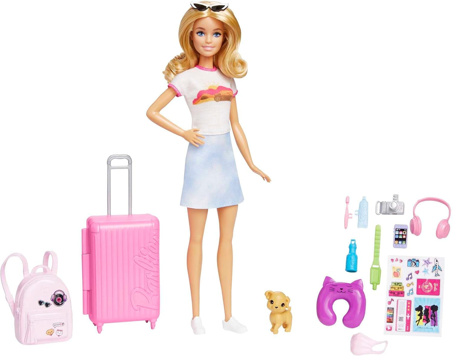 Barbie-Puppe, Reise-Barbie mit blonden Haaren, 10+ Reisezubehör, Aufkleber, Koffer, Welpe, inkl. 1 Puppe, Geschenk für Kinder, Spielzeug ab 3 Jahre,HJY18