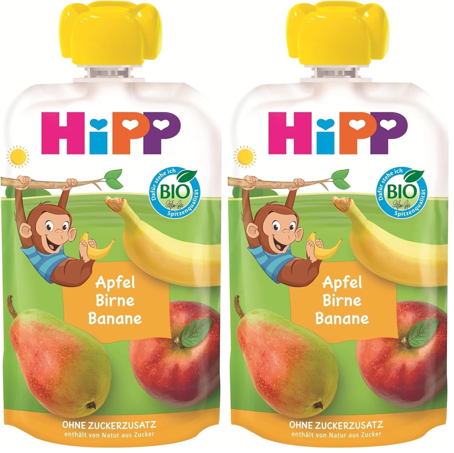 Pliculețe de fructe organice HiPP, stoarcibile, măr, pară, banană - Anton maimuța (8 x 100g), de la 1 an, piure de fructe 100%, fără zahăr adăugat, vegan, de cea mai bună calitate organică (pachet de 2)