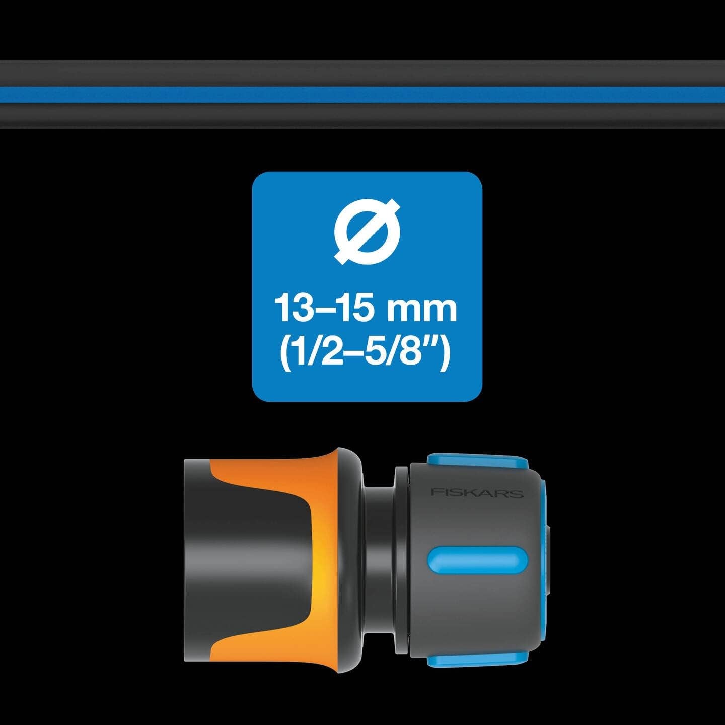 Furtun de grădină Fiskars S, Solid, Furtun de apă pentru udare manuală, 13 mm (1/2"), Lungime: 15 m, Racord universal, Protecție UV, Protecție la îngheț, Rezistent la răsucire, Albastru, 1076049