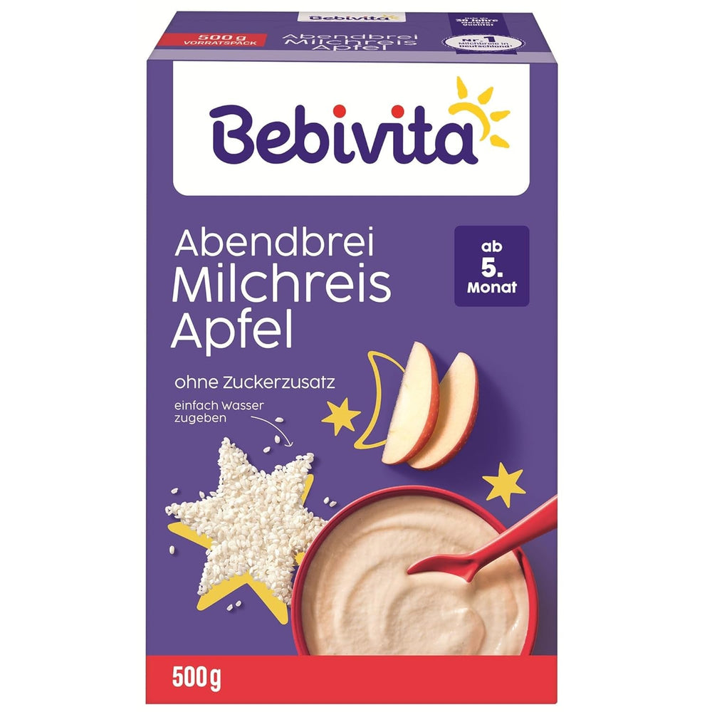 Budincă de orez cu mere și terci de seară (4x500g), terci de lapte de la 5 luni, cu minerale și vitamine valoroase, fără zahăr adăugat, foarte sățios