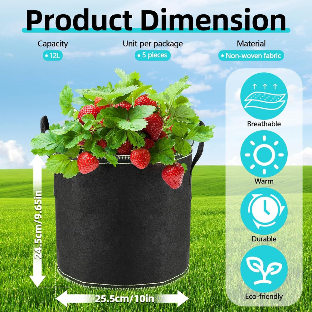 5 x 12L Ghivece pentru roșii, Saci de plantare din material nețesut cu mânere, Ghivece de grădină îngroșate și ventilate, Saci de plantare reutilizabili pentru cartofi, roșii, legume, flori și căpșuni