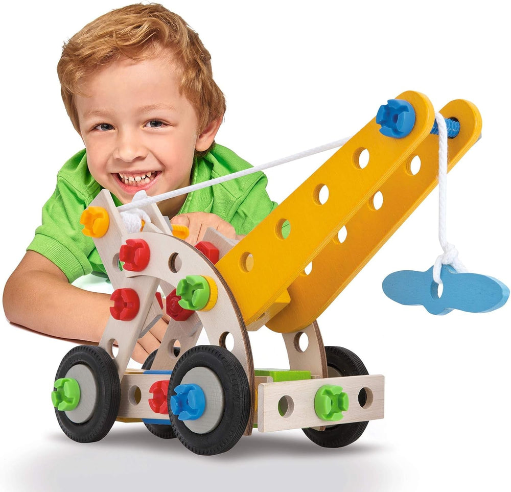 Eichhorn - 100039022 - Constructor Kranwagen, 70-teilig, Holzspielzeug-Konstruktionsset, 4 Verschiedene Modelvarianten baubar, Holzbaukasten, Motorikspielzeug ab 3 Jahren