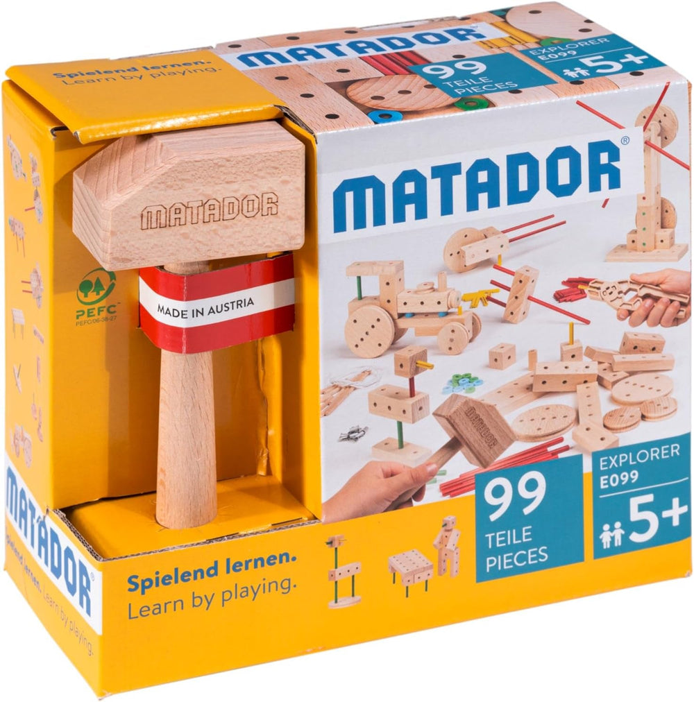Matador Kinder Baukasten ab 5 Jahren 222-tlg. - Spannendes Holz Konstruktionsspielzeug zur Schulung von Kreativität und Feinmotorik, Bauspielzeug mit Stäbchen, Klötzen, Hammer & Zange