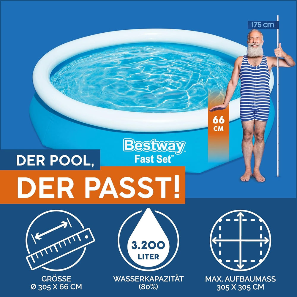 Set piscină supraterană Bestway Fast Set cu pompă de filtrare Ø 305 x 66 cm, albastră, rotundă