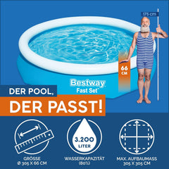 Set piscină supraterană Bestway Fast Set cu pompă de filtrare Ø 305 x 66 cm, albastră, rotundă
