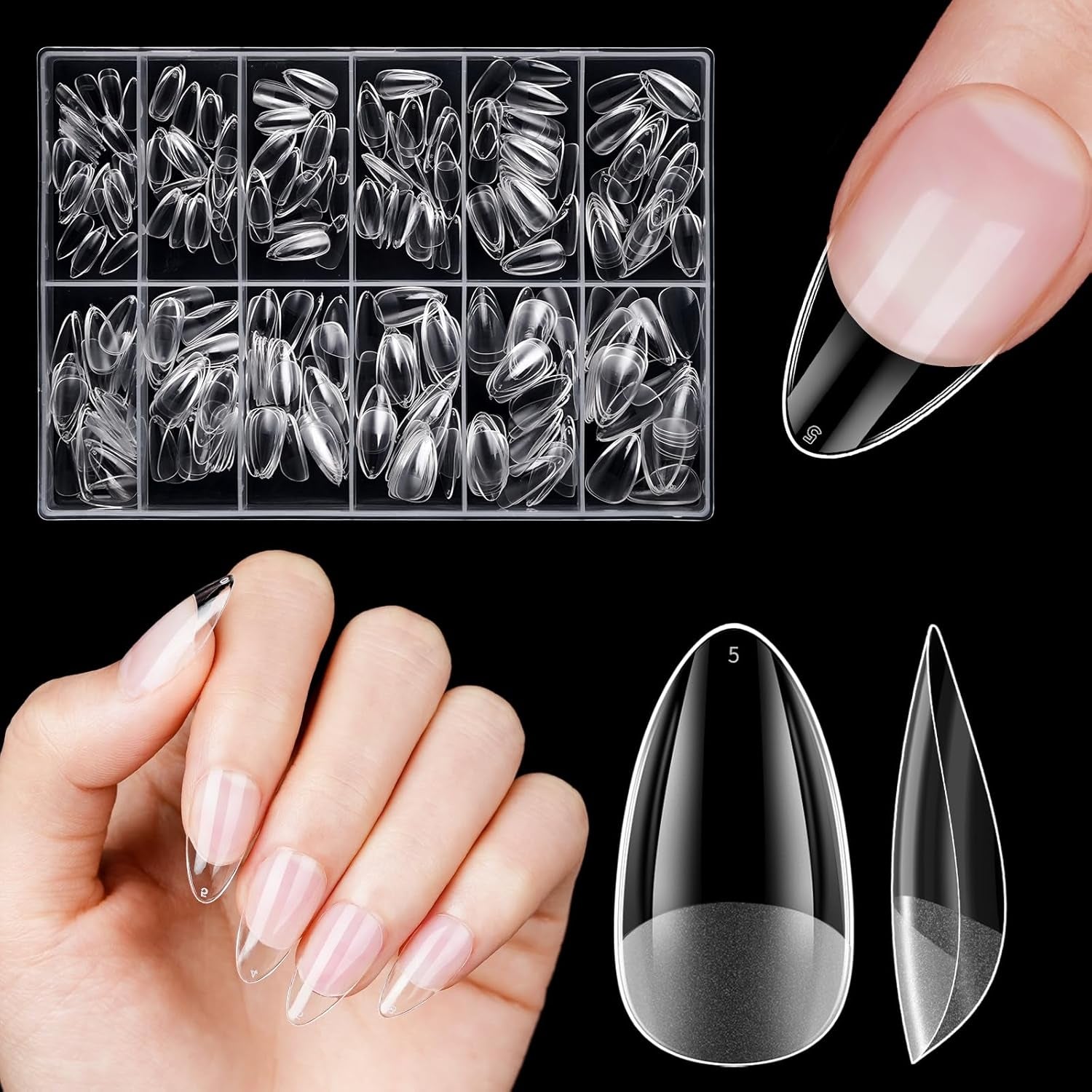 Unghii artificiale scurte, 500 bucăți gel moale acoperire completă vârfuri de unghii pentru unghii cu gel 12 mărimi vârfuri de unghii pre-lustruite pentru unghii cu gel, unghii artificiale scurte sicriu pentru extensii de unghii cu cutie