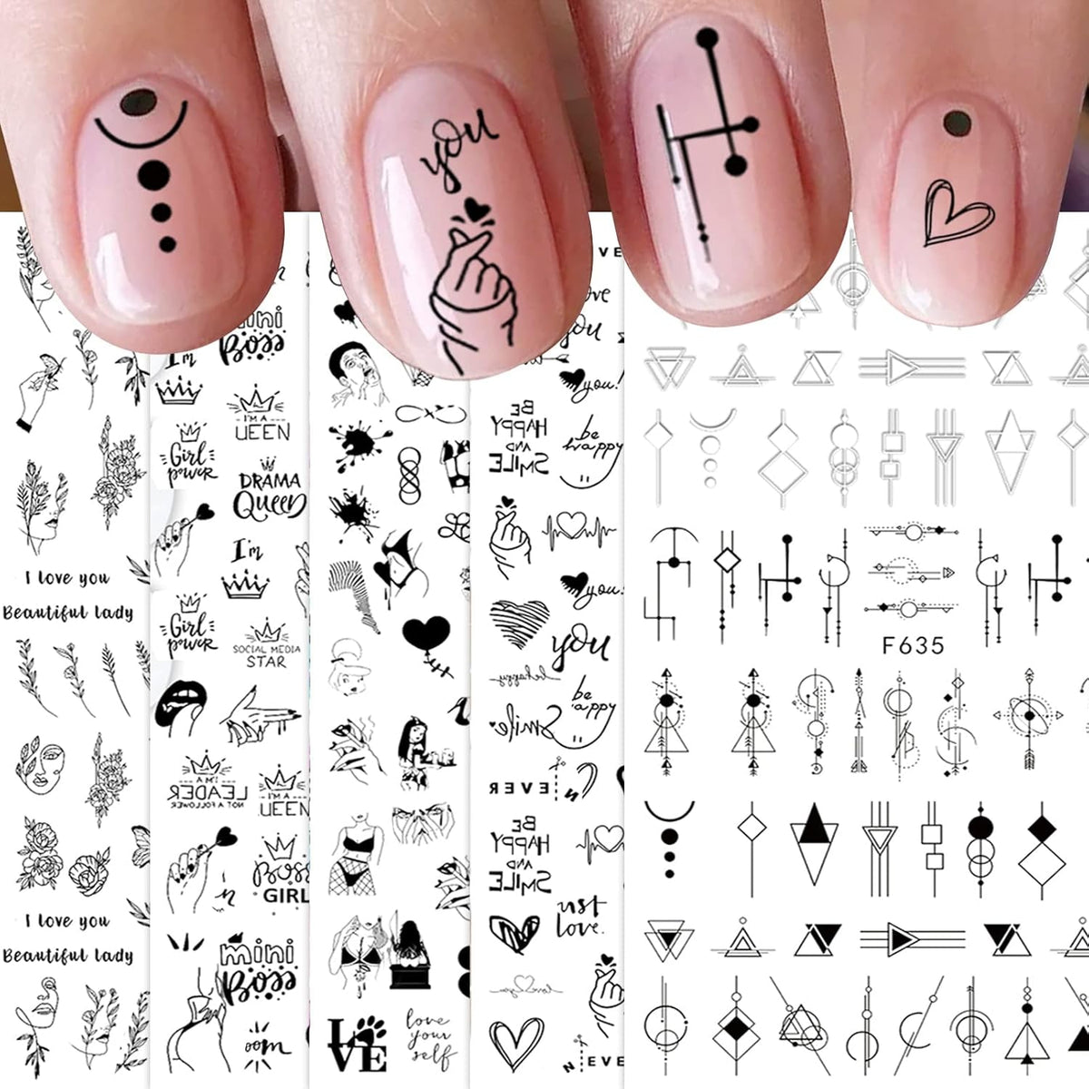 JMEOWIO Nagelsticker Geometrie 10 Blatt Nagelaufkleber Selbstklebend Schwarzes Herz Unregelmäßig Geformt Nail Art Sticker Dekoration Nageldesign Zubehör