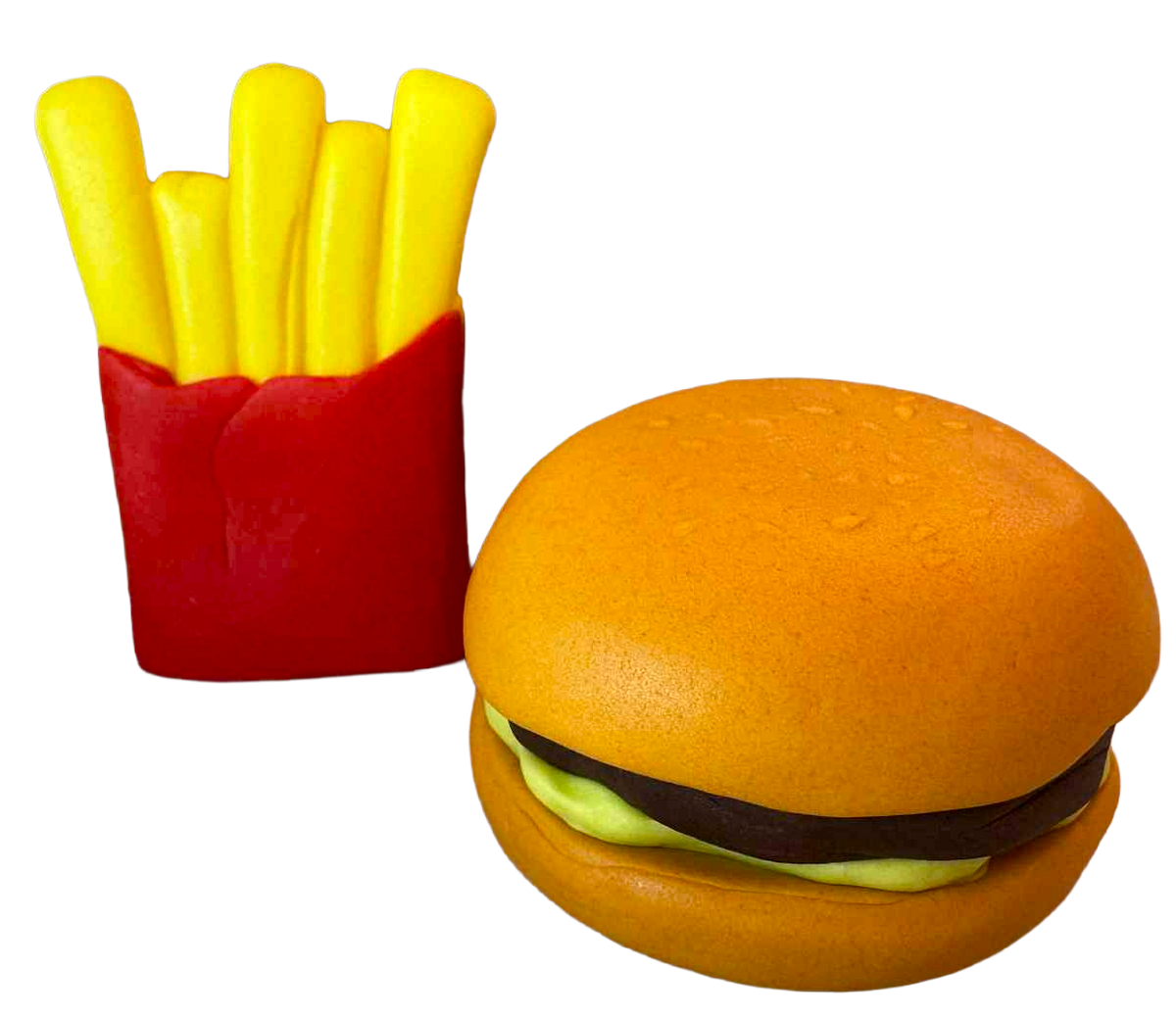 SweetJoy Decorațiuni Comestibile Hamburger Și Cartofi - Set 2 Figurine Din Pasta De Zahăr Aproximativ 6 cm