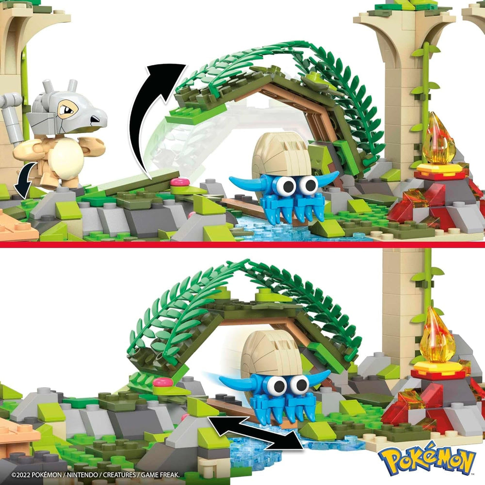 Mega Pokémon Figuren Bauset Dschungel Ruinen, 464 Teile, mit Glumanda, Tragasso und Amonitas-Figuren, Pokémon Spielzeug, Spielzeug ab 7 Jahren, HDL86