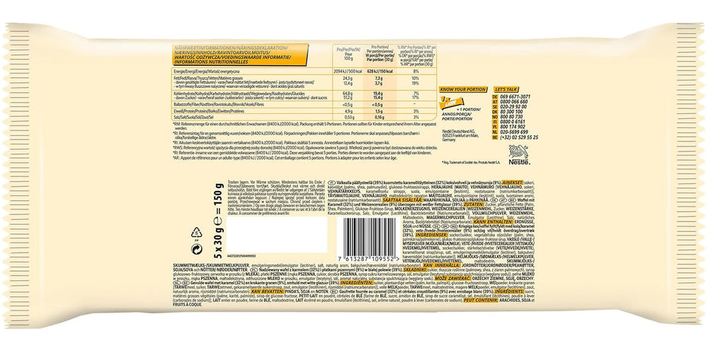 Nestlé LION Multipack, batoane de ciocolată cu glazură albă, umplutură delicioasă de caramel și napolitană crocantă, pachet mare de bomboane, pachet de 4 (5 x 30g fiecare)