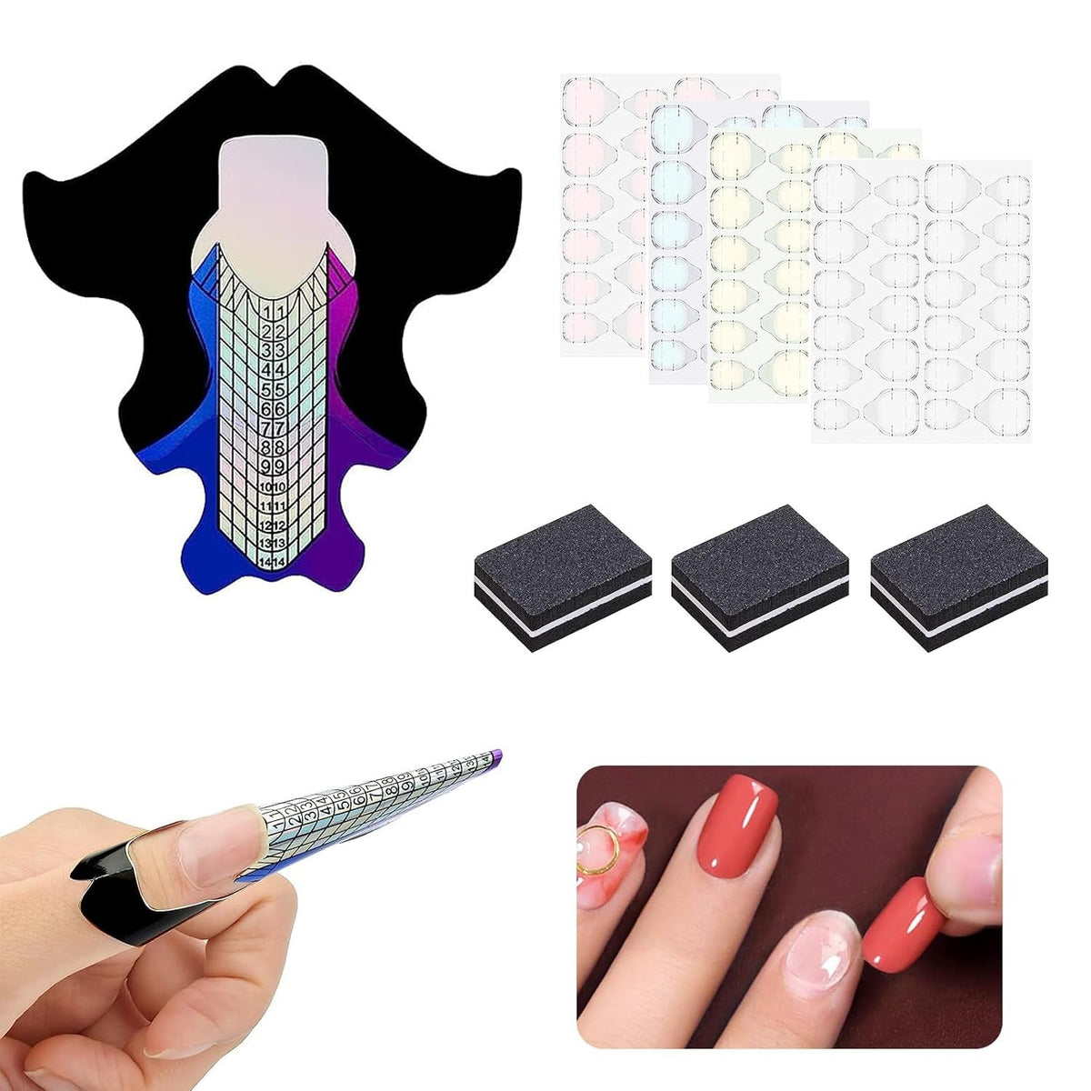 100 de șabloane pentru unghii, șabloane de modelare, autoadezive, cu 4 foi de tampoane adezive transparente pentru unghii și 3 pile de unghii, accesorii pentru extensii de unghii cu gel, pentru unghii artificiale