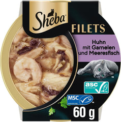 SHEBA Filets Adult Katzenfutter in Sauce mit Huhn, Hochseefisch und Garnelen 16 x 60g Schale