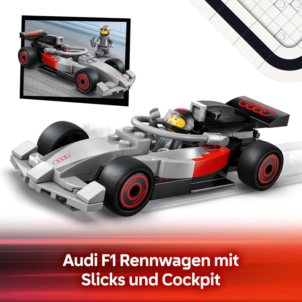 LEGO City F1 Truck mit Audi F1 Rennwagen - Spielzeug Modellbau mit 3 Minifiguren und Fahrzeug Hebefunktion - Geschenkidee für Jungen ab 7 Jahren und Motorsportfans - 60493