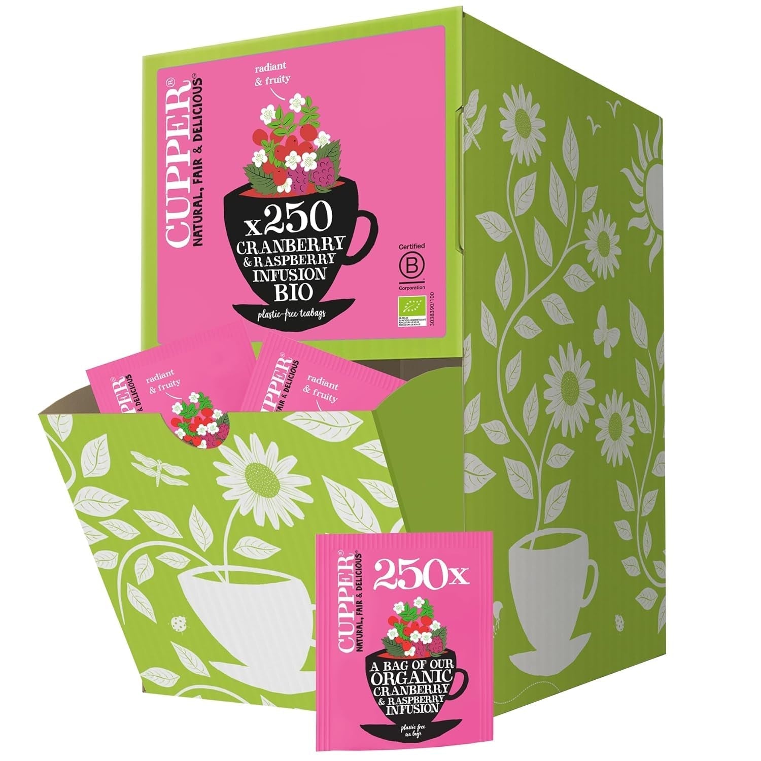 Cupper Ceai de fructe bio Cranberry Rasperry | Ceai cu zmeură | 250 pliculețe de ceai nealbite | Pachet mare | Perfect pentru birou | Ecologic | Comerț echitabil