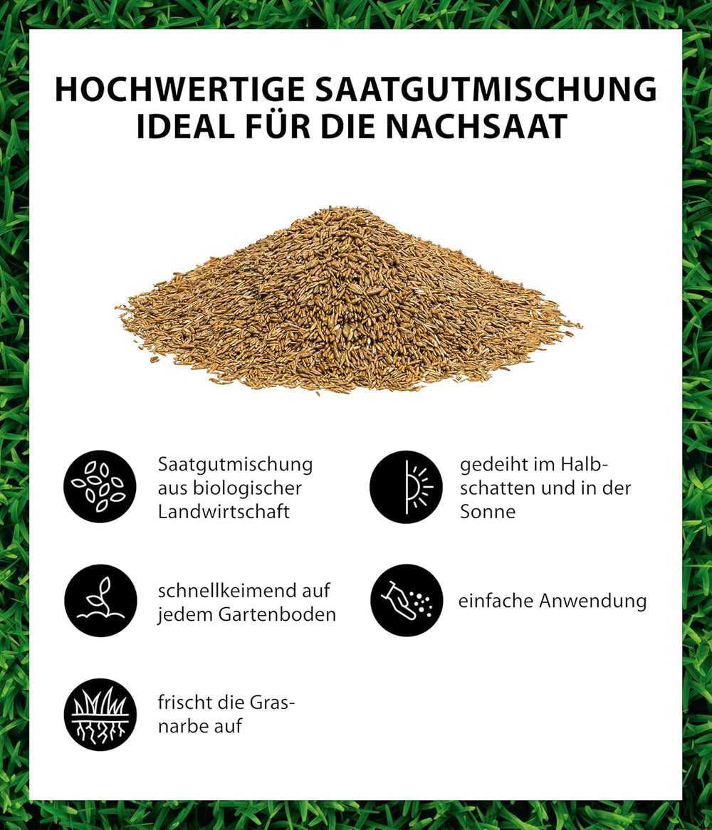 Dehner Bio Saatgut Rasen-Nachsaat, Hochwertige Saatgutmischung, Raschwüchsig / Schnellkeimend, 500 G, Für Ca. 25 M², Natur