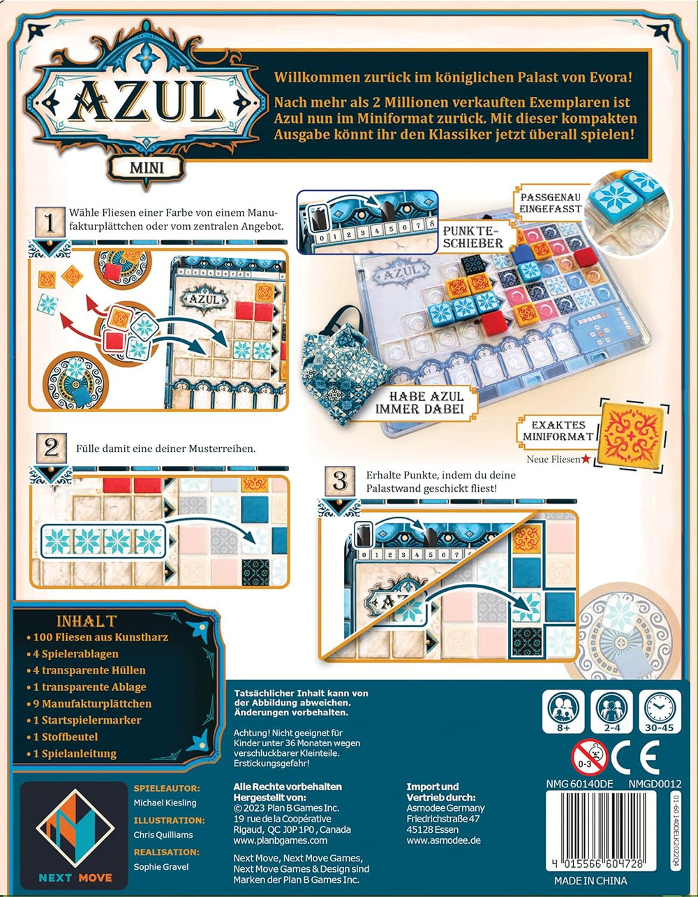 Next Move Games, Azul Mini, joc de familie, joc de societate, 2-4 jucători, vârste 8+, 30-45 de minute, germană
