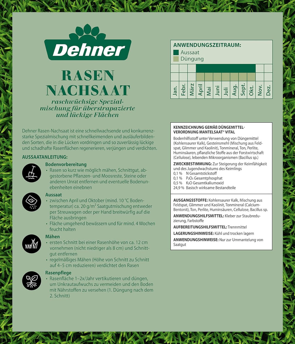 Dehner Saatgut Rasen-Nachsaat, Hochwertige Rasensamen Zur Regeneration Geschädigter Rasenflächen, Schnell Keimend/Pflegeleicht, Mit Mantelsaat Für Optimalen Bodenkontakt, 1 Kg Für Ca. 50 M²