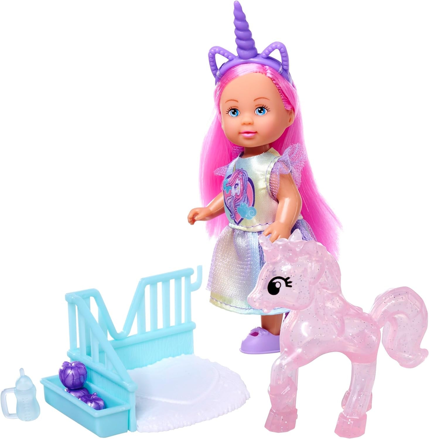 Simba Evi Love Unicorn, Spielpuppe trägt EIN süßes Einhornkleid mit passendem Haarreif, inkl. Einhorn mit Stall, Äpfeln und Trinkflasche, 12cm, ab 3 Jahren