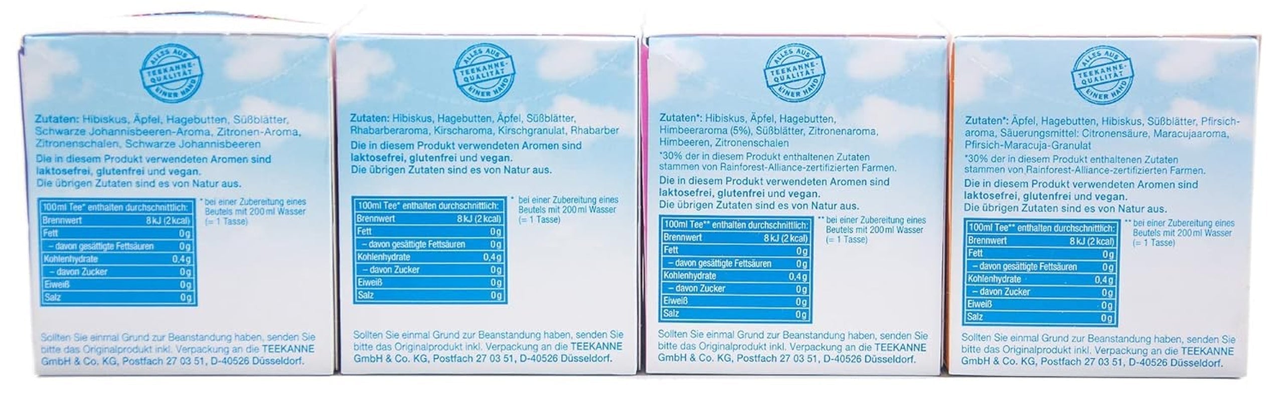 Teekanne Frio pachet de 4, rubarbă-cireșe, coacăze-lămâie, zmeură-lămâie, piersică-maracuja (4 x 45 g)