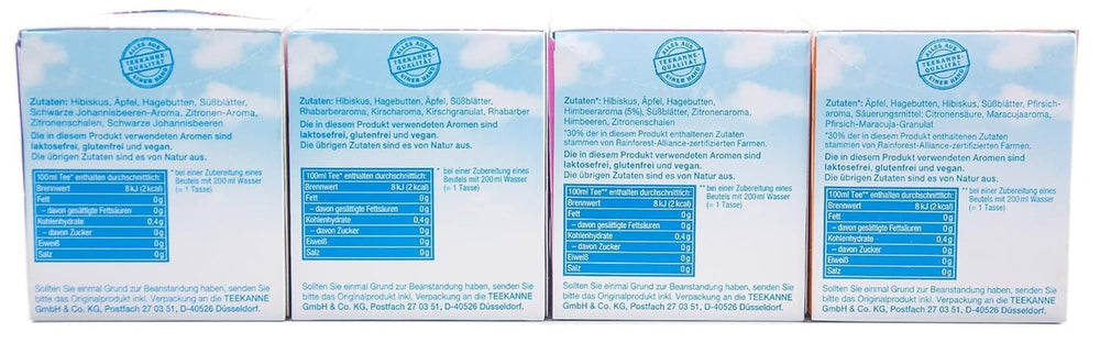 Teekanne Frio pachet de 4, rubarbă-cireșe, coacăze-lămâie, zmeură-lămâie, piersică-maracuja (4 x 45 g)