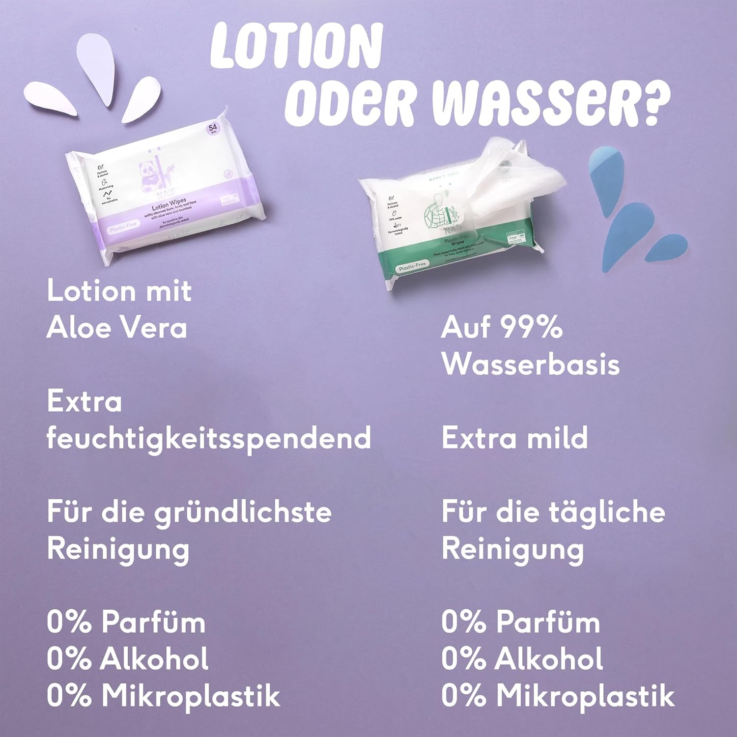 Naïf - Șervețele umede cu loțiune fără plastic - 1296 bucăți (24 pachete a câte 54 de șervețele) - pentru bebeluși și copii - Fundul, corpul și fața bebelușilor - cu Aloe Vera și Bambus - 0% Parfum și Alcool