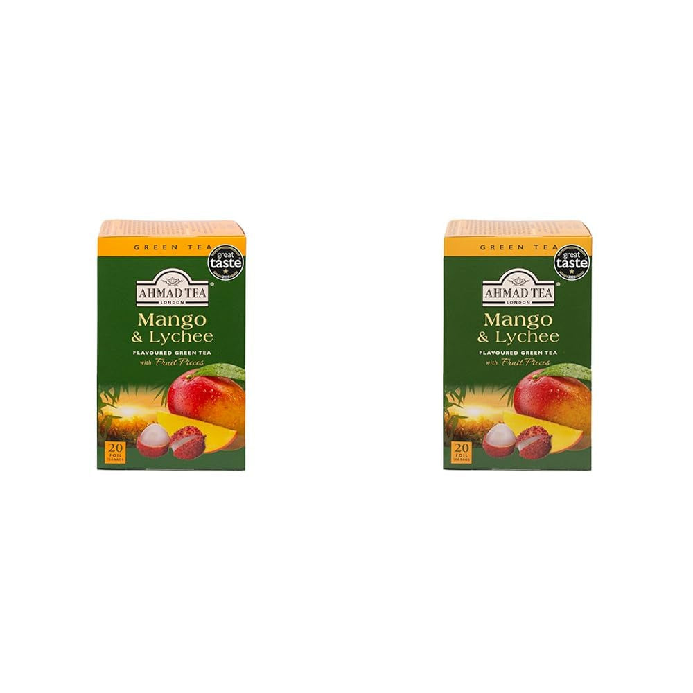 Ahmad Tea - Mango &amp; Lychee - Ceai verde cu mango și litchi - Cu bucăți de fructe - Plicuri de ceai ambalate individual, cu aromă sigilată, cu 2 g de ceai per porție - 20 de pliculețe de ceai cu bandă (pachet cu 2)