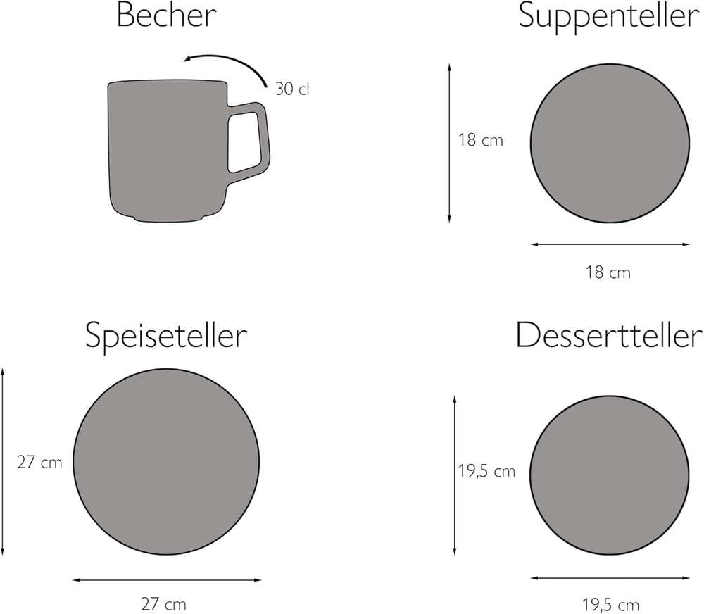 CreaTable, 21016, seria Modern Scandic albastru-gri, set de veselă cu 16 piese, serviciu combinat din gresie, potrivit pentru mașina de spălat vase și cuptorul cu microunde, producție de calitate