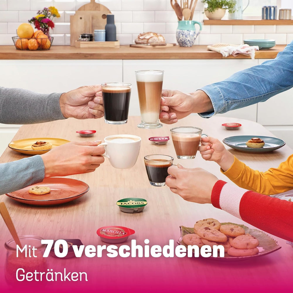 Espressor cu capsule Bosch Tassimo Happy Friendly TAS107E, peste 70 de băuturi, potrivit pentru toate tipurile de cești, oprire automată, sustenabil, dozare perfectă, economie de spațiu, 1400 W, crem/negru