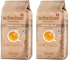 Schwiizer Schüümli Crema Mild, boabe de cafea Arabica 100% premium, fructate și cu aromă de nucă, pentru aparate de cafea complet automate, tărie 2/5, prăjire ușoară, certificat Rainforest Alliance, 1kg (pachet de 2)