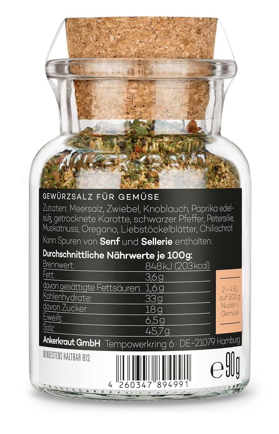 Ankerkraut Auflauf, für Gemüse-, Kartoffel- und Nudelauflauf, Gewürzsalz mit Pfeffer, Petersilie, Knoblauch, Karotte, 90 g im Korkenglas