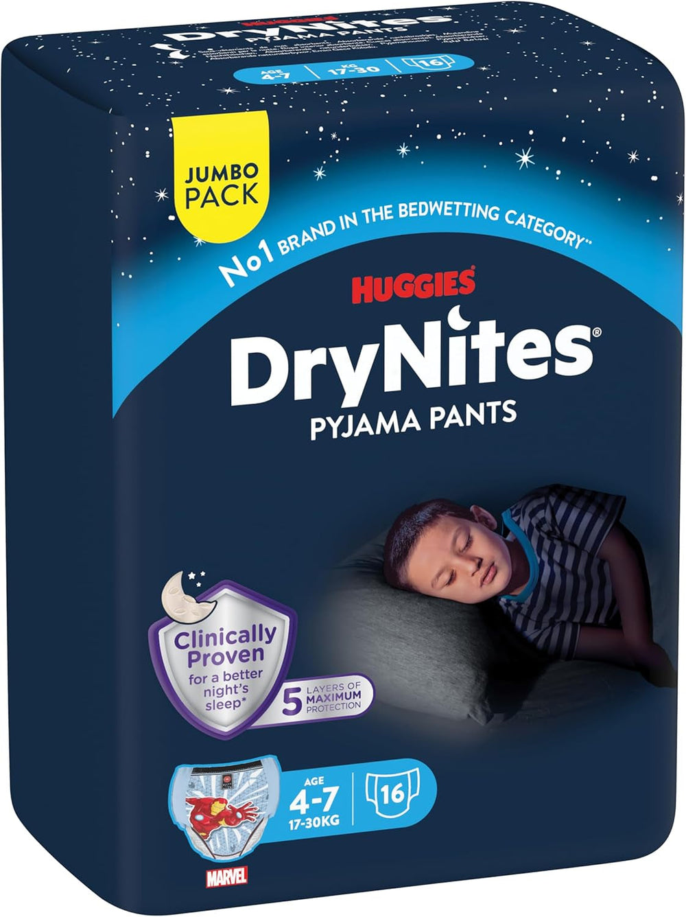 Scutece absorbante DryNites pentru noapte, pentru enurezis, pentru băieți 4-7 ani (17-30 kg), pachet lunar jumbo, 64 bucăți