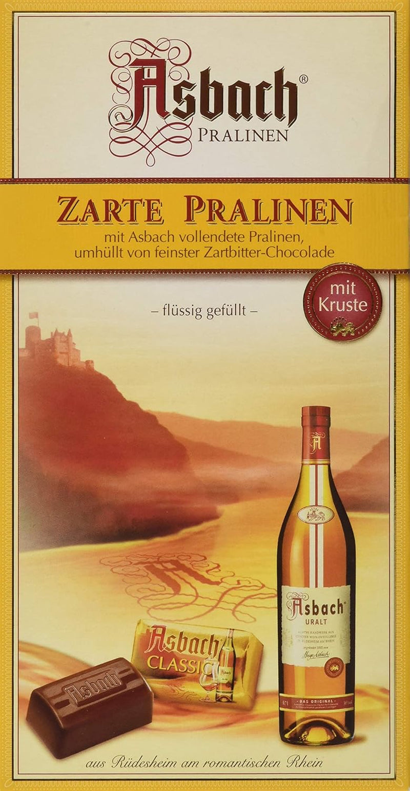 Praline RCP Asbach delicate în sticle cu crustă – 1 x 125 g – Ciocolată neagră cu umplutură Asbach