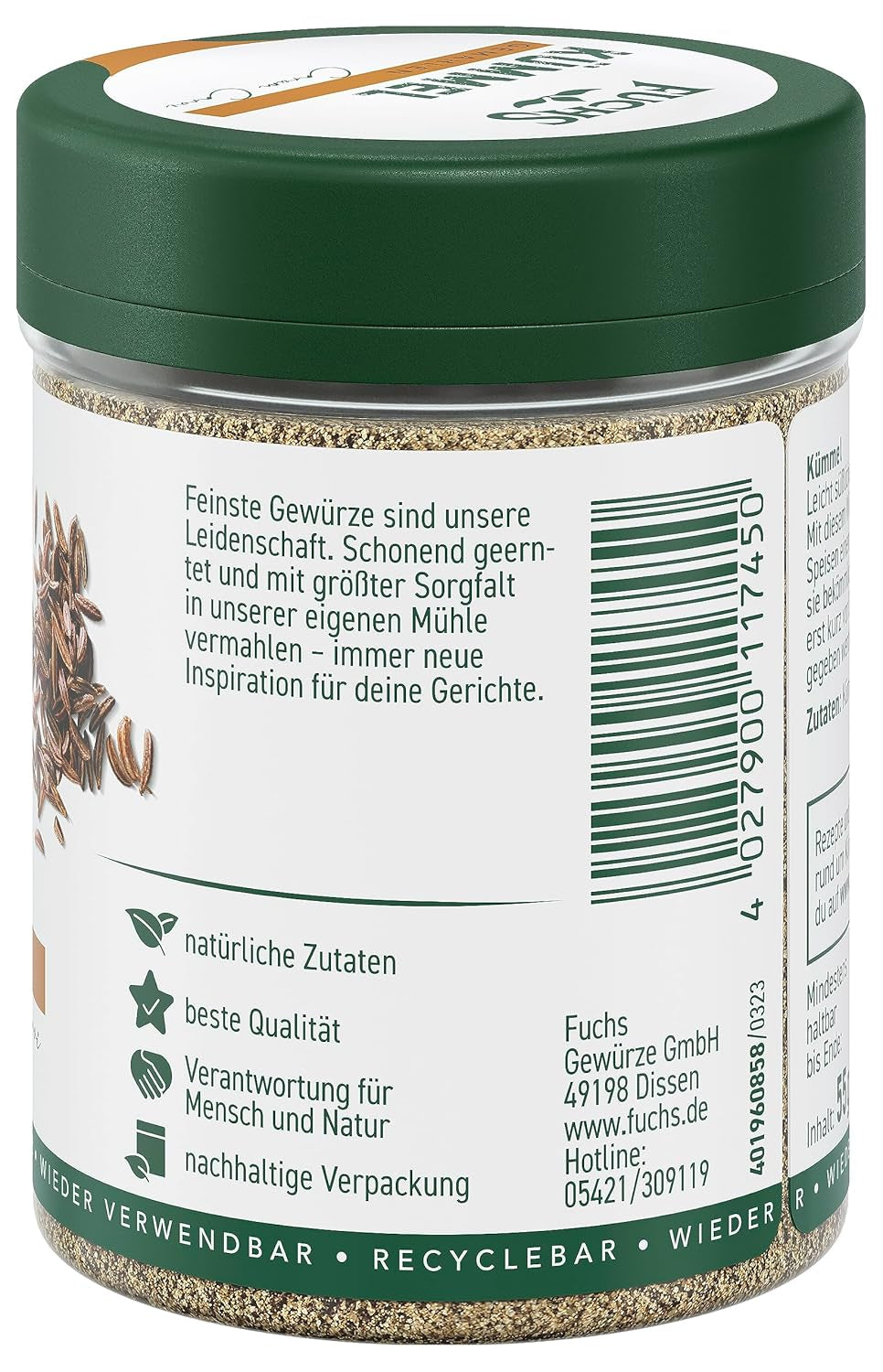 Fuchs Gewürze - Kümmel gemahlen - klassiches Gewürz für deftige Gerichte wie Chili con Carne - natürliche Zutaten - 55 g in wiederverwendbarer, recyclebarer Dose