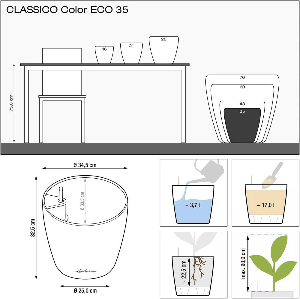 Ghiveci LECHUZA Classico Color ECO 35 Gri Deschis cu Sistem de Udare și Indicator al Nivelului de Apă | Fabricat din Plastic 100% Reciclat | Finisaj Mat | Ø 34,5 x 32,5 cm | 18930