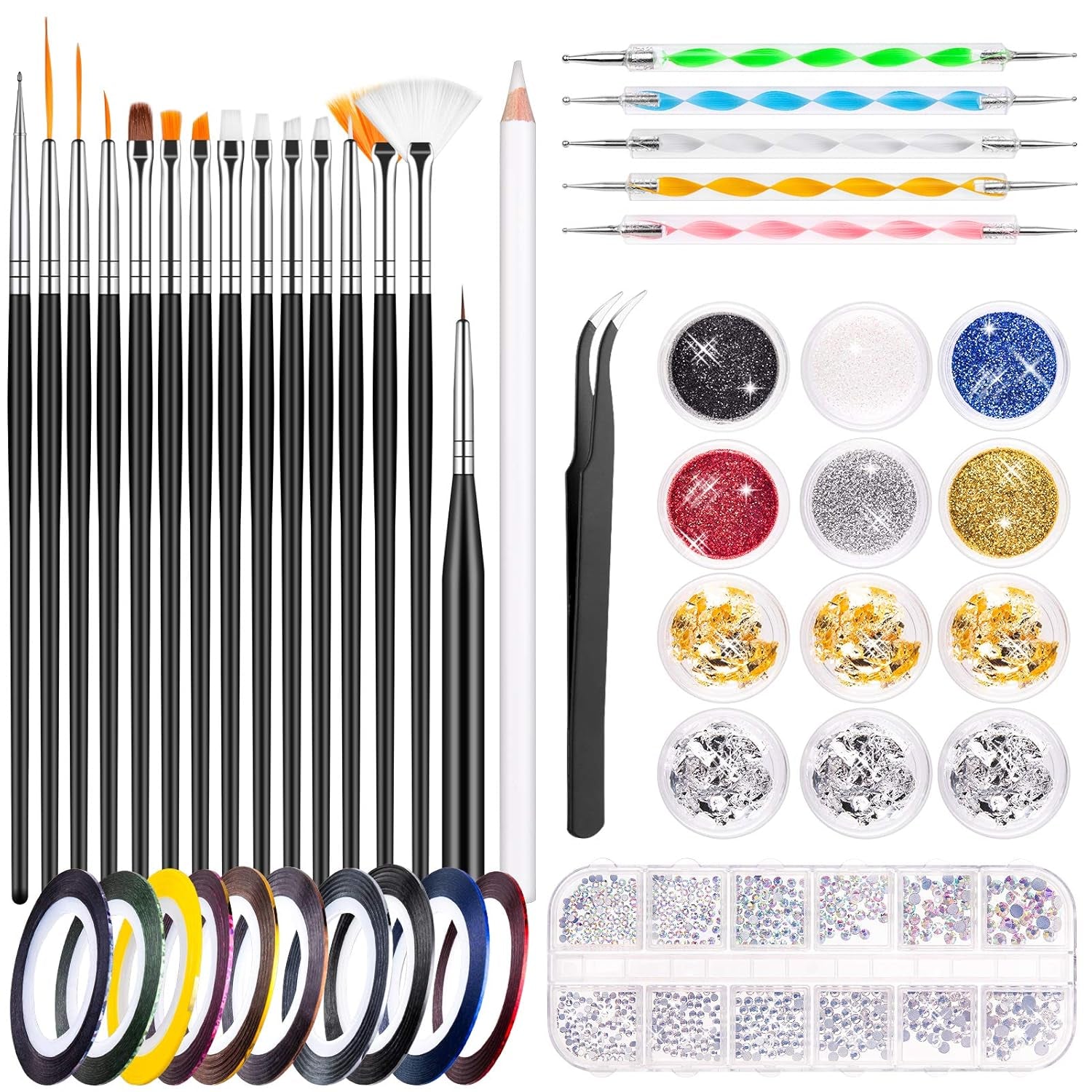 MELLIEX 45 Stück Nail Art Dekoration Zubehör Set, Nägel Pinsel Strasssteine Glitzer Goldfolie Nageldesign Dotted Pen Streifenband Für Nagelkunst Maniküre Set