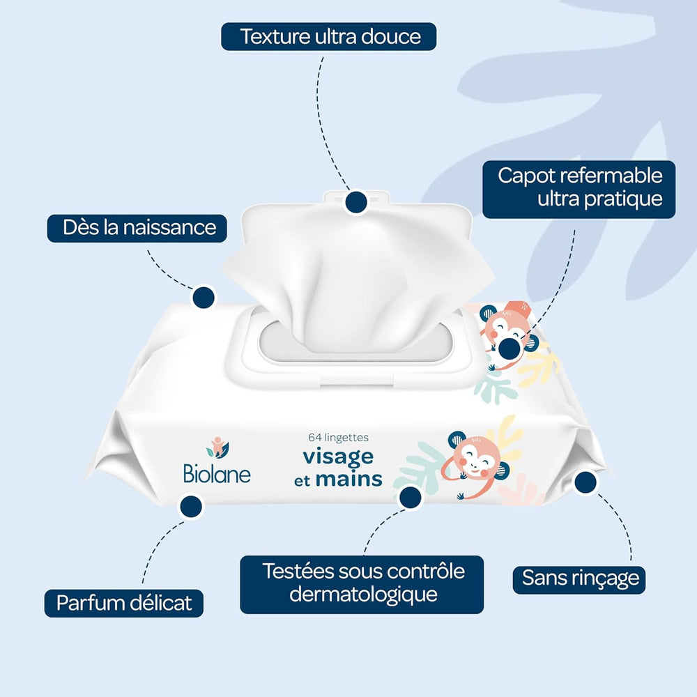 BIOLANE - Șervețele umede pentru bebeluși pentru față și mâini – Pachete de 6 – 384 șervețele (6 x 64 cm) – Curăță și protejează – Toaletă – Hipoalergenice – Pentru piele sensibilă – Ingrediente 97% naturale – Fabricate