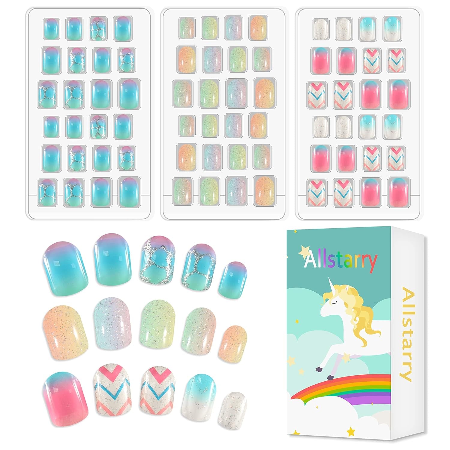 72 bucăți unghii pentru copii, pre-lipite, acoperire completă, sclipici, gradient de culoare, fundă, unghii artificiale scurte, cadou minunat pentru copii și fete, artă pentru unghii - sclipici curcubeu