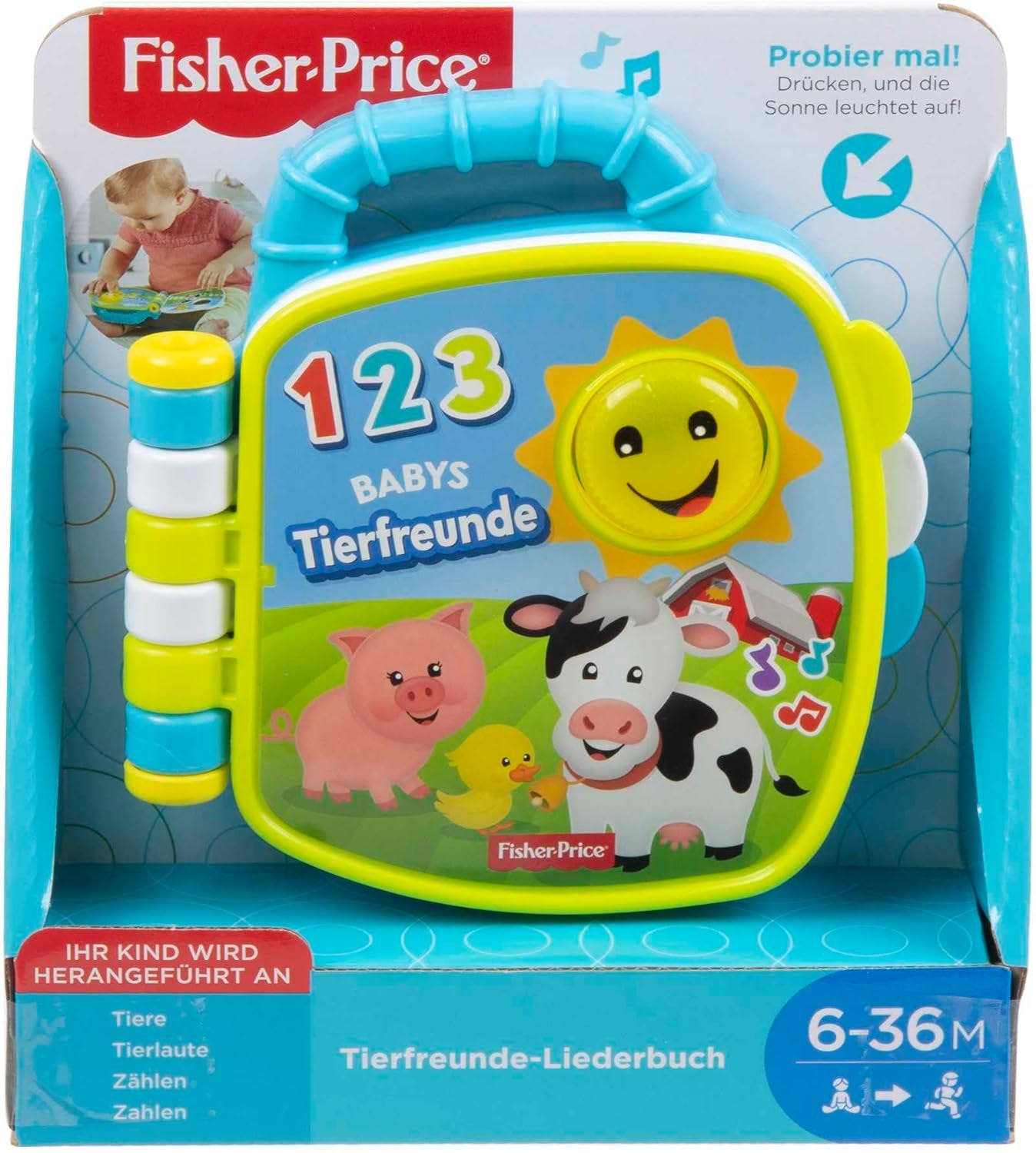 Fisher-Price Musical Animal Friends Songbook | Jucărie pentru copii de la 6 luni, 1 an pentru fete și băieți | Jucărie pentru copii | Carte muzicală cu sunete și efecte luminoase | Jucărie educativă (germană), GFP29 Jucarii Bebe Naty Shop