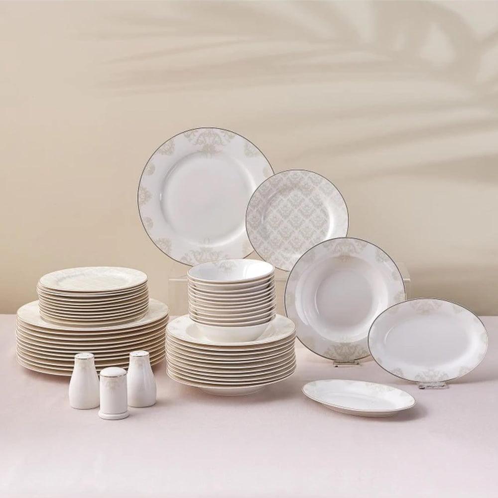 Karaca Elegance Bone Siena - set de veselă pentru 12 persoane, set modern de farfurii din porțelan, set de veselă cu boluri pentru supă, platou de servire, farfurii adânci, farfurii pentru desert - alb și auriu