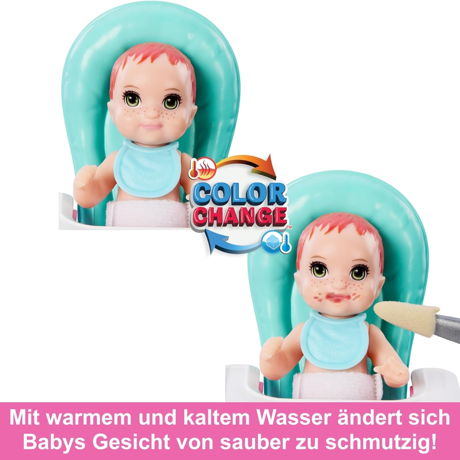 Păpușa Barbie Skipper și set de joacă cu accesorii, set de babysitting cu tematică alimentară, jucărie care își schimbă culoarea, HTK35