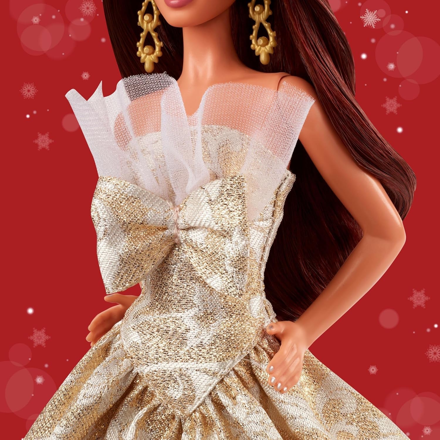 Barbie Signature Puppe, 2025 Holiday, dunkelhaarige Modepuppe mit Kleid in Silber und Gold, saisonale Sammlerpuppe in Einer Verpackung zum Ausstellen und mit Puppenständer, JBJ02