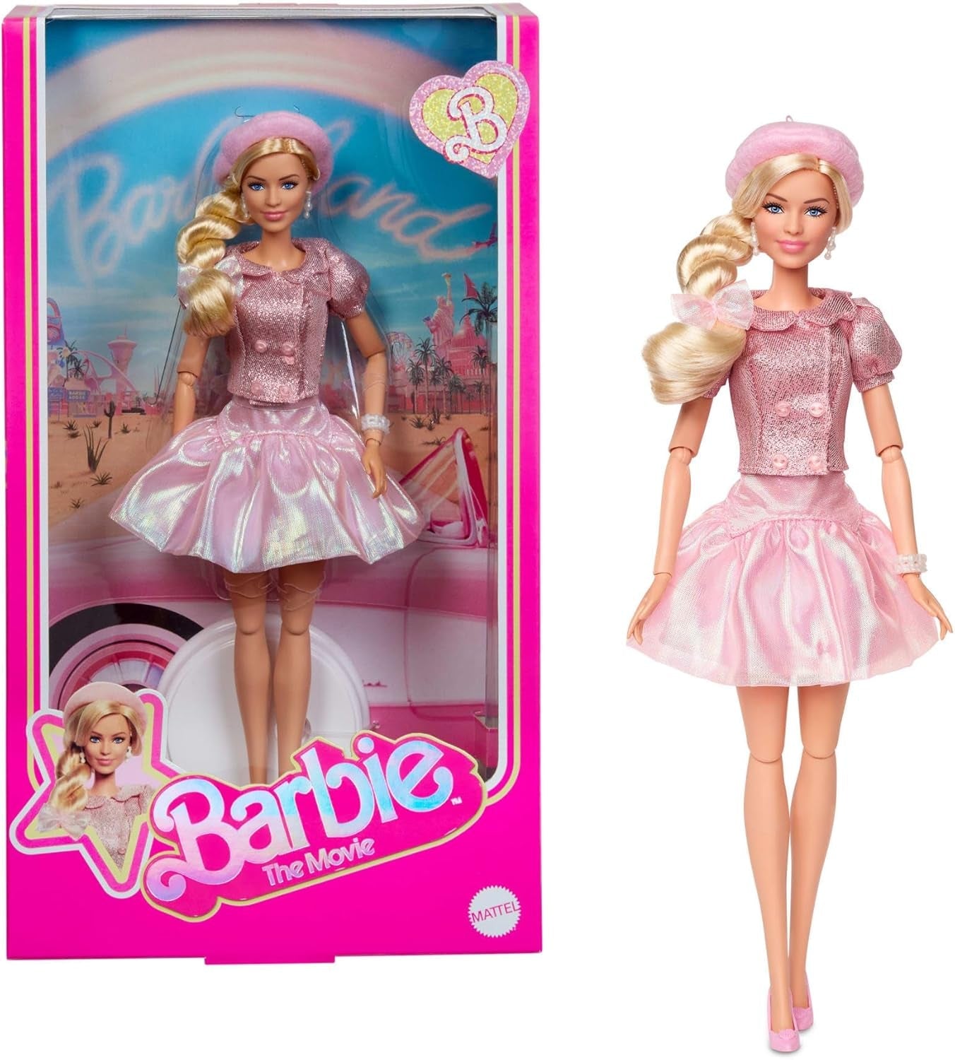 Păpușa Barbie The Movie, bazată pe film, Margot Robbie în rolul lui Barbie, figurină de colecție în bluză roz și fustă de tul, cu coafură stilizată și bijuterii asortate, JBJ53