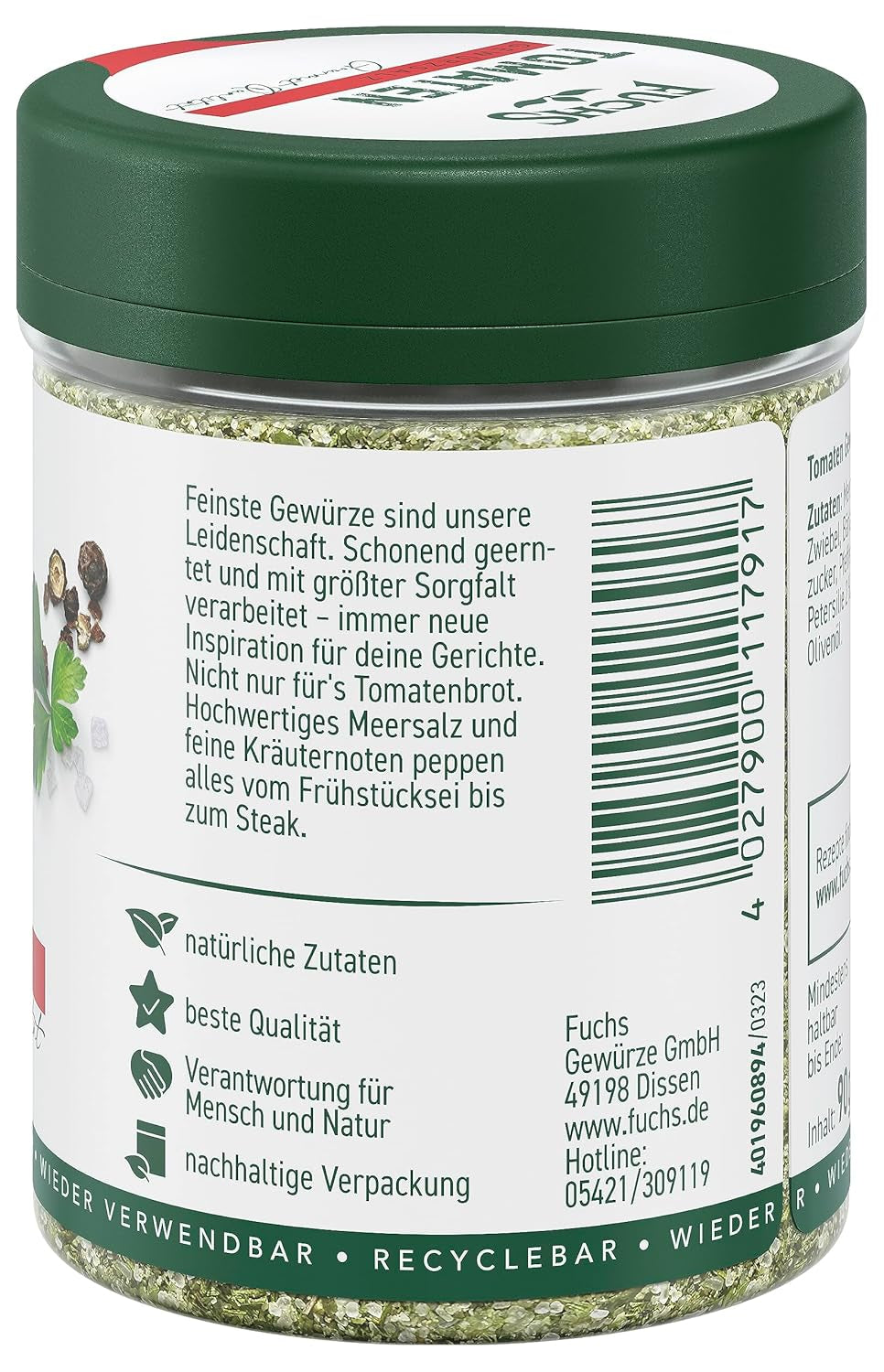 Fuchs Gewürze - Tomaten Gewürz - Gewürzsalz für Tomatenbrot, Frühstücksei oder Steak - natürliche Zutaten - 90 g in wiederverwendbarer, recyclebarer Dose