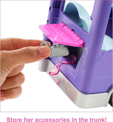 Barbie Extra Mini Minis, Extra Mini Minis Puppe mit Extra Sparkle Tour Bus Van, inkl Zubehör für Schminkstation und Show, Geschenk für Kinder, Spielzeug ab 3 Jahre,HKF84