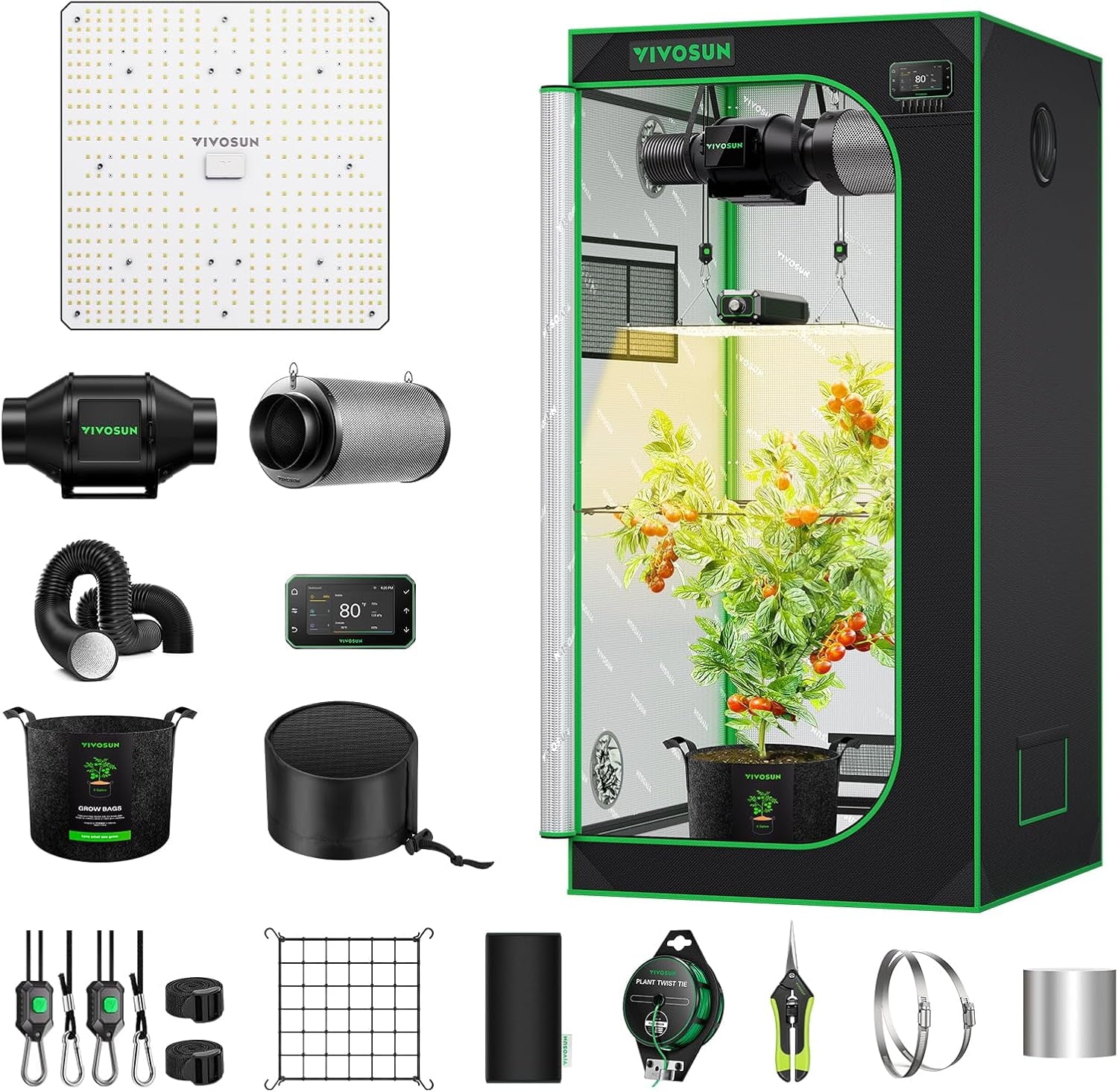 Sistem inteligent de cort de creștere VIVOSUN GIY 80x80x160cm, kit de cort de creștere cu WiFi integrat, cu ventilație și circulație automată, lampă de creștere LED cu spectru complet de 150W și controler GrowHub E42A